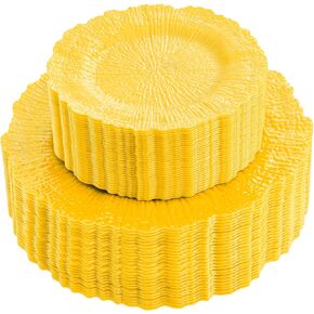 SUT 60 PCS Yellow Plastic Plates, Heavy Duty Yellow Plastic Plates Disposable for Easter Party/Wedding, Include 30PCS 10inch Yellow Dinner Plates and 30PCS 7inch Yellow Dessert/Salad Plates