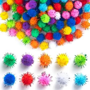 Alpinleux 200 Pcs Glitter Pom Pom Balls, Assorted Sparkle Pom Poms, Glitter Fluffy Craft Pompoms, Multicolor Soft Pompoms for Art Crafts, DIY Decorations (0.59 inch)