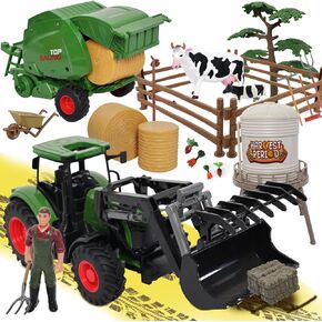 Farm Tractor Toys Set Bale Haying Round Baler with Barn Farmer,Cow,Farm Tools,Tree Farm Tractor Pla yset for Kids Toddler Boys Girls Ages 3 -7 Years