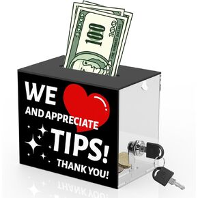 Acrylic Tip Jar for Bartender Tip Box Tip Jars Suggestion Box with Slot and Lock Money Jar Donation Box with Lock 6 X 4 X 5 Inch Raffle Box for Bar Restaurant Musician Car Driver