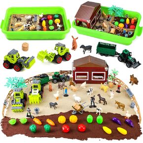69 PCS Farm Sensory Bin Toys PlaySet ، صناديق الرمل مع الرمال ، جرار المزارعين وحيوانات المزرعة ، ألعاب للأطفال 3 4 5 ، الهدايا ل 6 7 سنوات من الأولاد الصغار الصغار