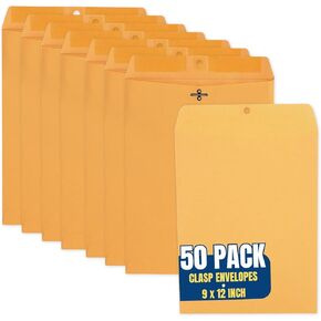 1InTheOffice Manila Envelopes 9x12, Catalog Envelopes, Clasp and Gummed Closure, Brown Kraft, 50/Pack