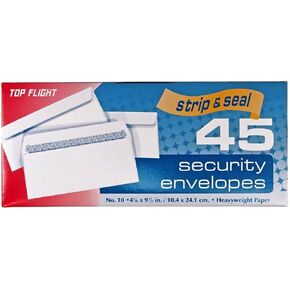 Top Flight Number 10 Boxed Security Envelopes, Strip and Seal Closure, 4 1/8 x 9 1/2 Inches, White, 45 Envelopes per Box (6900120)