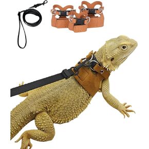 3 Pack Bearded Dragon Harness and Leash Set - Adjustable Soft Leather Lizard Harness Leash Small Animal Traction Rope Training Walking Vest Accessories for Reptile Squirrel Rat (Brown)