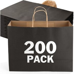 XPCARE 200Pack Paper Gift Bags with Handles Bulk,16x6x12 Inch Plain Natural Kraft Bags Packaging,Black Paper Bags,for Birthday Party,Boutiques,Small Business,Retail Stores,Merchandise