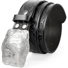 SUOSDEY Western Genuine Leather Belt with Silver Bull Embossed Buckle for Men,Cowboy Engraved Belts for Jeans,1.5" Width