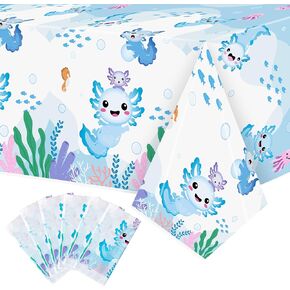 6 Packs Blue Cartoon Axolotl Party Table Cover, Reptile Animals Waterproof Disposable Tablecover, Plastic Rectangle Tablecloth for Kids Axolotl Birthday Baby Shower Party Supplies, 86x51 inch