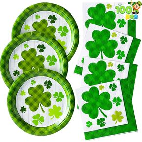 JOYIN 100PCS St. Patrick’s Party Plate and Napkin Set, 50 Green Shamrock Plaid Plates and Paper Napkin, Clover Designs for St Patrick’s Day Tableware, Party Supplies