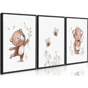 3Pcs Nursery Canvas Wall Art Cute Bear Bee Flower Spring And Summer Painting Pictures wall Decor Teddy Bear Posters Prints For Children Room Baby Room Boy Room Girl Room Home Decorations Unframed