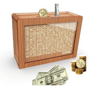 Piggy Bank for Adults Kids, Wooden Coin Bank for Boys and Girls, Cash Vault Money Saving Box with Counter $10000 Savings Challenge Money Box with Money Target and Numbers (Brown $10000)