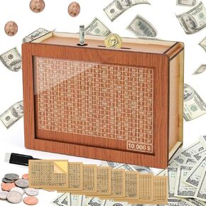 10000 Savings Challenge Box，Money Saving Box for Adults and Kids with 8 Targets$ 500-$10k ，Unique Wooden Money Box for Cash，Adult Money Savings with Dry Erase Pen, Blank Savings Tracker