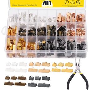 Mardatt 701 Pcs Ribbon Bracelet with Pliers Kit 24 Type Iron Fold Over Bookmark Pinch Crimp Ends Leather Clamps Jewelry Making Findings for Bookmark Pinch Bracelet Choker Necklace