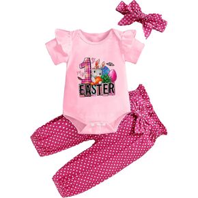 Baby Girl My First Easter Outfit - Newborn Cartoon Bunny Romper Ruffle Sleeve Bodysuit Polka Dot Pants Headband Set