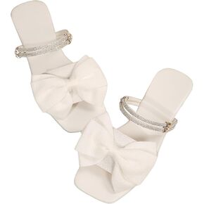 GORGLITTER Women's Rhinestone Bow Knot Flat Sandals Two Ways Open Toe Slides Sandal