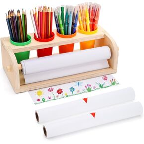 Wood Tabletop Paper Roll Dispenser, Drawing Paper Roll Holder with Pencil Cups, 11.4'' x 32.8ft White Bond Paper, Desktop Easel for Drawing, Writing, Doodle, Craft