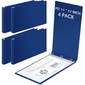 4 Pcs 11 x 17 Inch 3 Ring Binders Slant Rings Heavy Duty View D Ring Binders Economy Holds 11" x 17" Paper for Artwork Blueprints, Office, Home, Work Places(Blue,1 Inch)