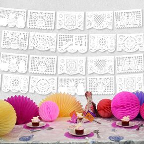 PAPEL PICADO VIVANCO White papel picado banner (pack of 5 units, 10 designs of papel picado flags per banner/not plastic), mexican white banners for parties and weddings, party decoration made in mexi