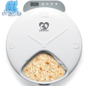 Casfuy Battery-Operated Automatic Cat Feeder - Whisker Friendly Automatic Cat Food Dispenser for Wet Dry Food Cordless 4-Meal Auto Feeder for Cats Small Dogs with Programmable 12H/24H Format Timer