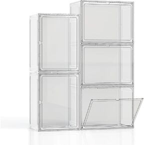5 Pack Stackable Storage Bins with Lids, Plastic Storage Container with Magnetic Door,Closet Organizers and Storage Boxes, Clear Display Case for Books, Cosmetic, Figure Collectibles, Doll, Bag