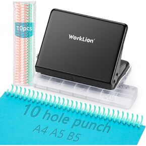Binding Machine for Planner： WORKLION Metal 10 Hole Punch&Multi Color 30 Hole Loose Leaf Binder Rings(10 pcs) for Making 26 Holes on B5 Paper, 30 Holes on A4, 20 Holes on A5 Book, Black