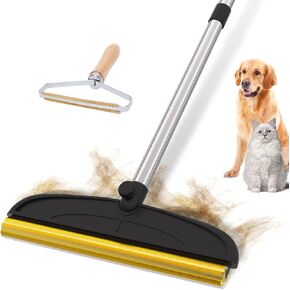 2 in 1 TPU and Copper Rake Teeth Carpet Rake for Pet Hair Removal, 60inch Adjustable Long Handle Pet Hair Remover, Reusable Cat Dog Hair Rake Broom, Lint Remover Scraper for Carpet,Rugs,Bed,Couch