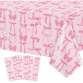3Pcs Coquette Birthday Decorations Tablecloths, Pink Bow Birthday Decorations Large Size Rectangle Girls Birthday Table Cloths 54 x 108 Inch