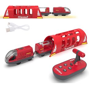 Toy Train Set Remote Control Locomotive Train, Motorized Train for Wooden Track, Electric Train and Tunnel with Sound & Lighting Effect, Magnetic Trains Compatible with Thomas, Brio, Chuggington