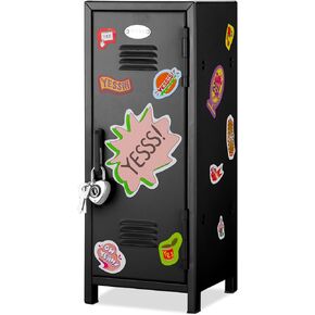 Mini Locker with Lock Keys Stickers 10.8inch Small Storage Locker Desk Locker Metal Small Locker Miniature Storage Locker Functional Safe Metal Locker for Desktop Bedroom Home Office (Black)