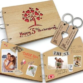 5 Year Anniversary Wood Gifts for Him Her, Happy 5th Anniversary Wooden Couples Photo Album for Wife Husband, Five Year Anniversary Picture Scrapbook Memory Journal with 2 Puzzle Diy Wedding Gift
