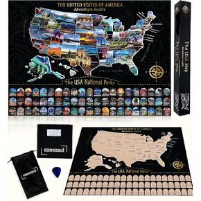 Large Scratch Off Map of United States + All 63 US National Parks Scratch Off Poster, Travel Map Kit, Journal Gifts for Travelers, US Map for Travel Enthusiasts with National Parks by Comasol.