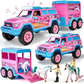 ألعاب Golray Horse Trailer For Girls 3-5 مع 1:16 النطاق الإضاءة والحيوانات الشاحنة والحيوانات ، والسيارة المستقرة والحصان ، هدايا عيد ميلاد الناقل أحادي القرن للبنات الصغار سن 2 3 4 5 6 سنوات
