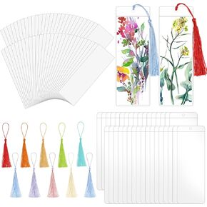 60 Sets Kraft Paper Blank Bookmarks with Tassels, Cardstock DIY Bookmark Making Kit, DIY Projects Party Favor Gift Tag Bulk PVC Tags, 60 Bookmarks 60 Clear Bookmark Sleeves 60 Tassels