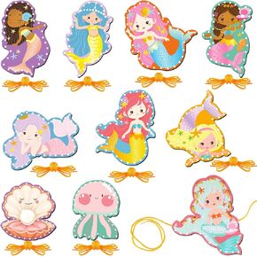 10 Pieces Kids Mermaid Lacing Cards Thick Cardboard Mermaid Sewing Cards Double Sided Lacing Playing Games for Children Toddler Developing Imagination Education Supplies (Mermaid Style)