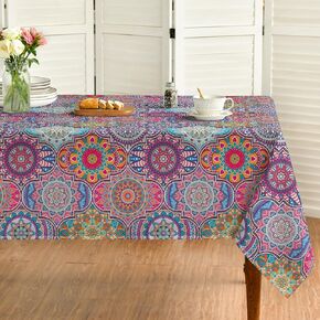 Horaldaily Bohemia Style Tablecloth 60x84 Inch Rectangular, Pink Vintage Washable Seasonal Table Cover for Party Picnic Dinner Decor