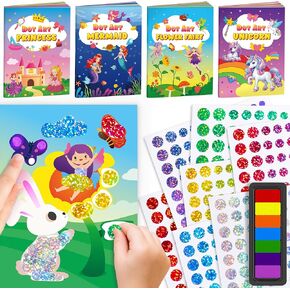 D-FantiX Dot Art Sticker Book Kits with Ink Pad, Mess-Free Finger Painting for Toddlers, Unicorn, Princess, Mermaid, Flower Fairy Arts and Crafts, Kids Travel Activities, Girls Easter Basket Stuffers