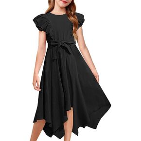 MITILLY Tween Girls Summer Dress Double Layer Ruffle Sleeve High Low Swing Flowy Casual Elegant Dresses with Belt