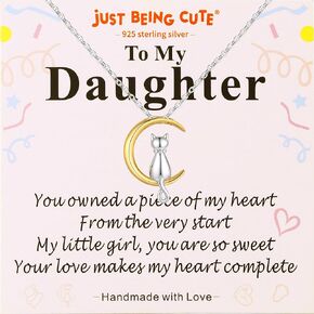 Cat Necklace for Women Girls, 925 Sterling Silver Cat On Moon Pendant 18K Gold Plated Jewelry Gifts for Daughter Girlfriend Cat Lover with Lovely Card