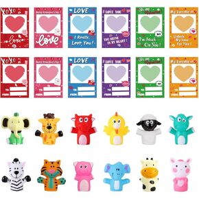 12 Pack Valentines Day Cards for Kids with Animal Finger Puppets Kids Valentine Gifts Exchange Greeting Cards School Classroom Game Prizes Party Favors for Boys & Girls