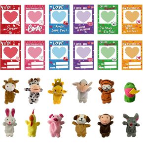 12 Pack Valentines Day Cards for Kids with Animal Finger Puppet for Kids Valentine Theme Gifts Greeting Cards School Classroom Exchange Prizes Party Favors for Boys & Girls