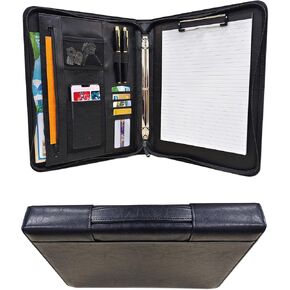 Business Padfolio with Ring Binder, Multifunctional Executive Portfolio with Handle, Faxu Leather Case Ring Binder with Writing Notepad, Zippered Document Organizer Folio with Clipboard (Black)