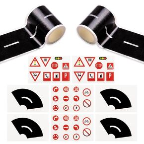 WALWAL Road Railway Tape for Toy Cars Track Trains, Compatible for Child's and Elementary Kids, Spark Your Child's Imagination and Creativity (2 Road + 4 Traffic Signs + 4 Curves)