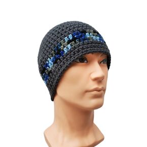 Men's Crochet Hat Charcoal with Multi-Blue/Black Stripe