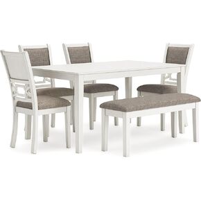 Signature Design by Ashley Erinberg Casual Dining Table with 4 Armless Upholstered Chairs and Bench, Set of 6, White & Light Gray