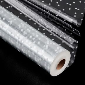 Clear Cellophane Wrap Roll 100 ft x 34 in Extra Wide, 3 Mil Thicken Clear Wrapping Paper with White Polka Dots Cellophane Rolls for Gift Baskets, Christmas, Flower, Wedding, Holiday and More