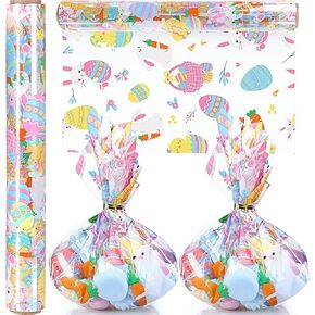 Gueevin Easter Cellophane Wrap Roll Easter Wrapping Paper Roll 100 ft x 16 Inch 2.5 Mil Thick Cello Roll Crystal Clear Bunny Egg Cellophane Gift Wrap for Basket Treats Craft Flowers