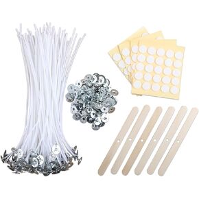 MILIVIXAY 100PCS 10 inch Candle Wicks with 100 Metal Tabs, 100PCS Candle Wick Stickers and 6PCS Wooden Candle Wick Holders - Wicks Coated with Paraffin Wax, Cotton Wicks Kits for Candle Making.