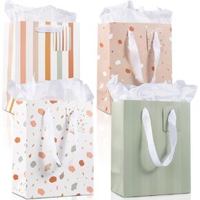 Beautiful Gift Bags Set of 4 - Medium Sized 9" Bags with Handles incl. Matching Tissue Paper, Cards & Small Stickers - Reusable & For Presents of Any Birthday, Weddings, Mothers Day & Other Occasion
