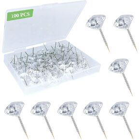 100Pcs Clear Push Pins for Cork Board, Decorative Thumb Tacks for Wall Hangings, Transparent Diamond Push Pin for Bulletin Board, Crystal Head Tacks for Posters, Office, Maps, Sofa, Office, Classroom