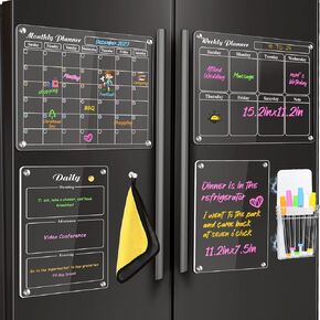 MIKEDE Magnetic Calendar for Refrigerator, 4 Pack Fridge Calendar Dry Erase Board Set, Monthly Weekly Magnetic Whiteboard Acrylic Calendar, 6 Colorful Markers, Magnetic Pen Holder and Erase Towel