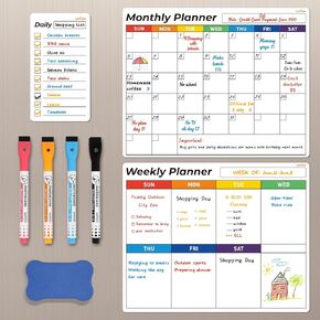 Magnetic Dry Erase Calendar for Refrigerator, 3 Pack Monthly, Weekly, Daily Magnet Fridge Whiteboard Calendar Planner for Shopping, Menu, to Do List, 4 Markers and Eraser, 14 x 11 Inches